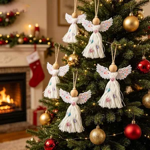 Décorations de Noël en forme d'ange blanc tissées à la main avec têtes en bois