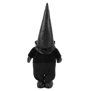Back view of a rock-style black gnome figurine with faux leather hat and fuzzy vest