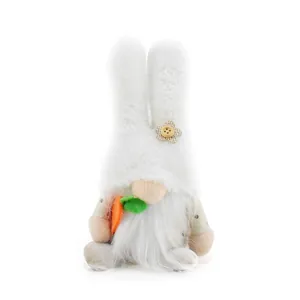 Detailed close-up of a cute white plush Easter bunny gnome holding an orange carrot