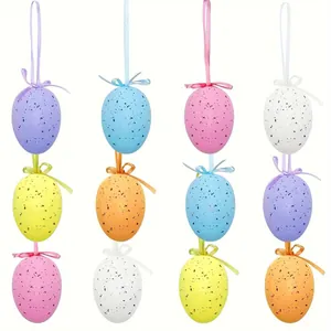Colorful speckled Easter eggs hanging decorations with ribbons, 6cm plastic party set.