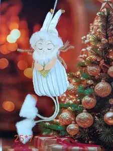 Detailed view of plush white Christmas angel ornament hanging on a holiday tree, size 25x7cm.