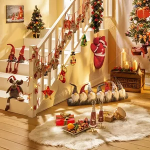 Warm and cozy home staircase decorated with glowing Christmas star LED lights and festive gnomes
