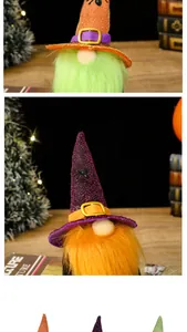 Detailansicht von Halloween-Gnom-Puppen mit glitzernden spitzen Hüten und Plüschbärten