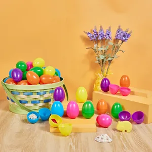 Detailed view of 6cm colorful openable plastic Easter eggs displayed in a festive scene.