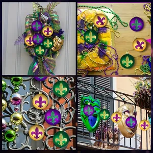 Detail shots of 6cm Mardi Gras plastic balls with glitter fleur-de-lis patterns in festive scenes