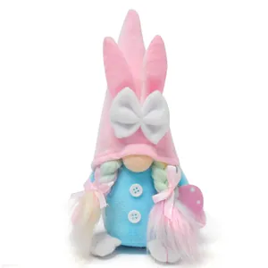 Macro detail of Easter gnome plush showing bunny ears, white bow and braided pigtails