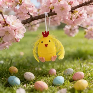 Adorno de huevo de Pascua de plástico con pollito de plumas amarillas colgante