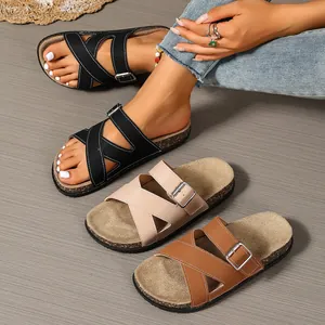 Stylish summer cork sandals with cross straps and adjustable metal buckles in three colors.