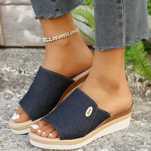 Mules Compensées Style Denim pour Femmes Slides à Plateforme Sandales de Plage Décontractées Avec Semelle Épaisse Décor