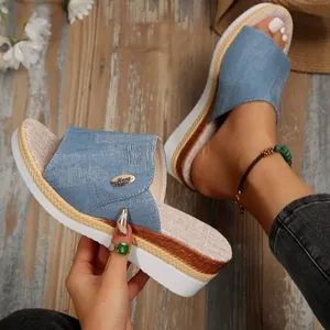 Mules compensées en denim pour femmes avec semelle plateforme épaisse et style moderne chic.