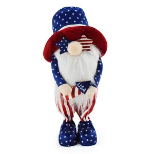 Close-up of patriotic Fourth of July gnome with USA sign and American flag motif