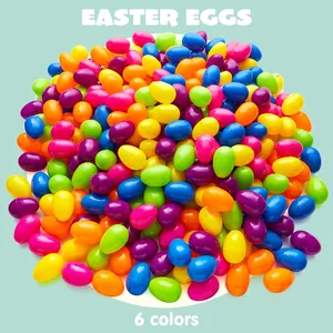 Detailed macro shot of a vibrant pile of 6cm plastic Easter eggs in six assorted colors