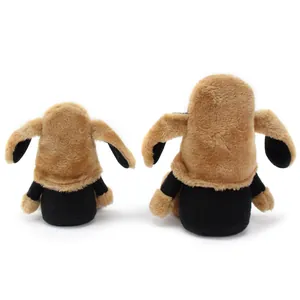 Rear view of two brown plush puppy gnome dolls in different sizes on white background