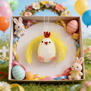 Adorno de huevo de Pascua con forma de pollito y plumas amarillas en caja de regalo.