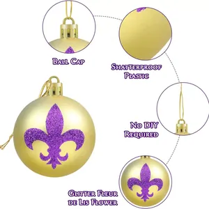 6cm gold plastic ornament ball with purple glitter Fleur de Lis for Mardi Gras decoration.