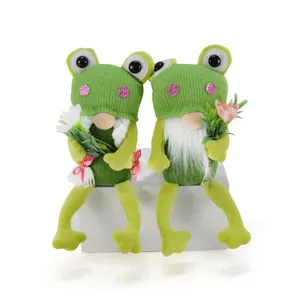 Green Frog Theme Faceless Gnome Doll Knit Hat Big Eyes Rudolf Plush Elf Ornament For Home Office Desktop Decor