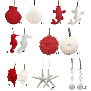 Decorative set of red and white resin marine pendants including koi fish, shells and starfish