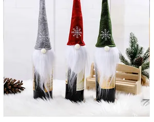 Set of 3 Christmas Gnome wine bottle covers with snowflake embroidery and white fur beards