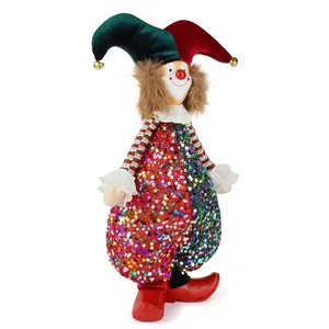 Figura de payaso con lentejuelas y gorro de bufón rojo para decoración navideña