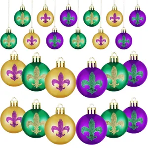 Mardi Gras 6cm plastic ornaments set with glitter fleur-de-lis in green gold purple colors