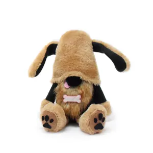 Detailed view of the cute brown plush dog gnome with long ears and bone accessory