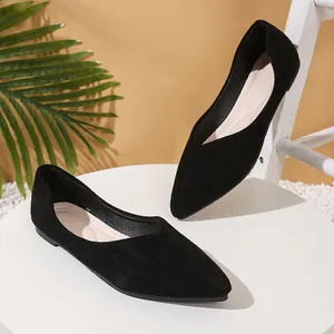 Detail shot of elegant black pointed-toe flat shoes on a minimalist white table
