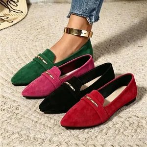Women Pointed Toe Flat Loafers Faux Suede Comfort Shoes With Metal Buckle Decoration Large Size Casual Daily Slip On Shoes