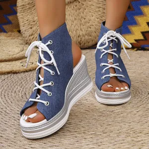 Stylish blue denim lace-up peep-toe wedge sandals with silver platform and high heel