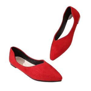 Elegant red pointed-toe suede ballet flats with soft soles for women in classic style