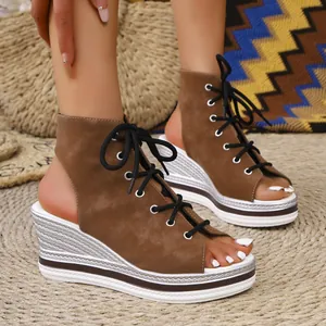 Peep-toe lace-up wedge sandals in brown suede with stylish silver platform and white sole