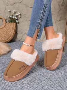 Cozy winter plush slippers with faux fur trim and embroidered detail for indoor comfort