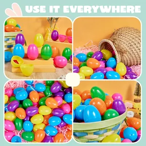 Multi-colored plastic Easter eggs in various display settings for festive decoration