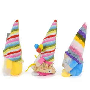 Handmade set of three colorful birthday gnomes with tall striped hats and balloons.