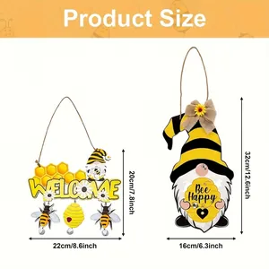 Size details for bumble bee gnome and sunflower welcome wooden door hanger signs