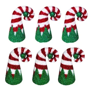 Set of 6 glitter Christmas elf hats with red and white spiral stripes on white background