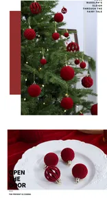 Detail view showing various textures of 3cm red flocked Christmas ball tree ornaments.