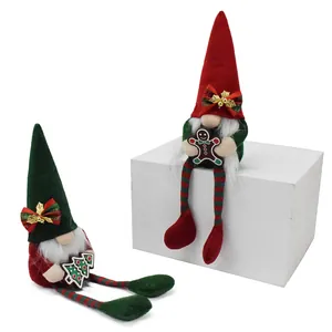 Plush Christmas gnomes with long striped legs, featuring gingerbread man and tree details