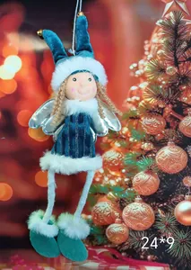 Detail of teal plush Christmas angel ornament with silver wings and size 24x9cm