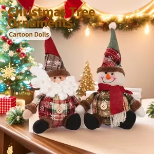 Christmas Plaid Fabric Hanging Ornaments Cartoon Santa Snowman Reindeer Doll With Snowflake Print For Xmas Tree Home Decoration