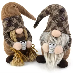 Set of two handcrafted plush coffee gnomes figurines for cafe bar tabletop decoration