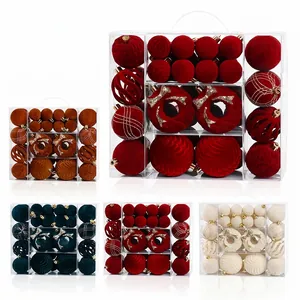 46pcs Flocked Christmas Ball Set Painted Velvet Xmas Tree Hanging Ornaments For Home Party Holiday Decoration Burgundy Cream Green Camel