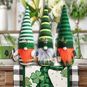 Three St. Patrick's Day gnomes with striped hats and lucky embroidery on table runner