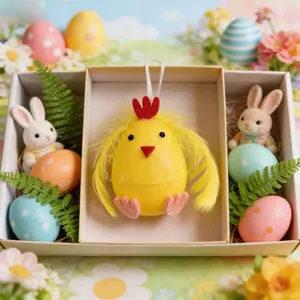 Set decorativo de Pascua con un pollito amarillo y lindas figuras de conejitos