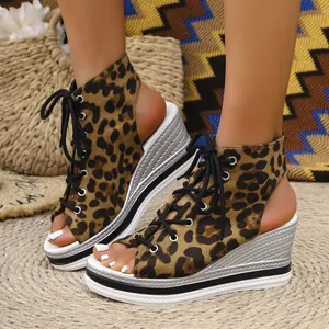 Detailed view of leopard print lace-up wedge sandals with a stylish thick platform sole.