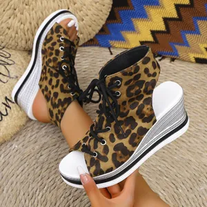 Stylish leopard print platform wedge sandals for women with lace-up front design