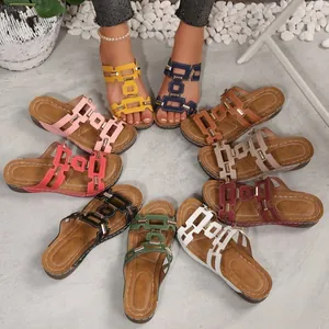 Damen TPU Geometrisch Hohl Slides Metallschnalle Kontrastnähte Weiche Sohle Rutschfest Lässig Strand Flache Keilsandalen