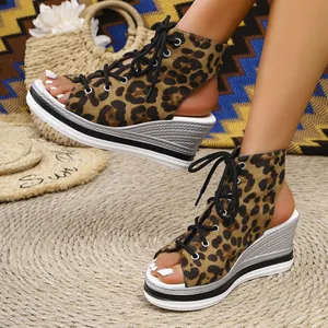 Stylish leopard print lace-up wedge sandals showing side detail and platform texture.