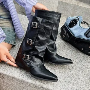 Dames Kunstleer Martin Boots Spitse Neus Blokhak Gesp Slouchy Halfhoge Laarzen Britse Stijl Retro Rits Schoeisel