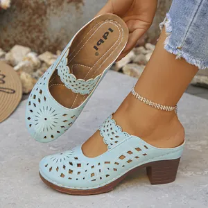 Blue laser-cut hollow-out closed-toe mules with chunky high heels for women