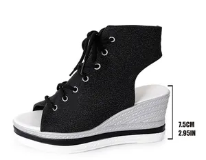 Side profile detail of black wedge lace-up platform sandals with 7.5cm heel height